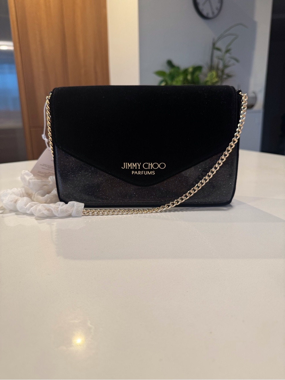 Jimmy Choo Black Velvet and Glitter Chain Crossbody Bag